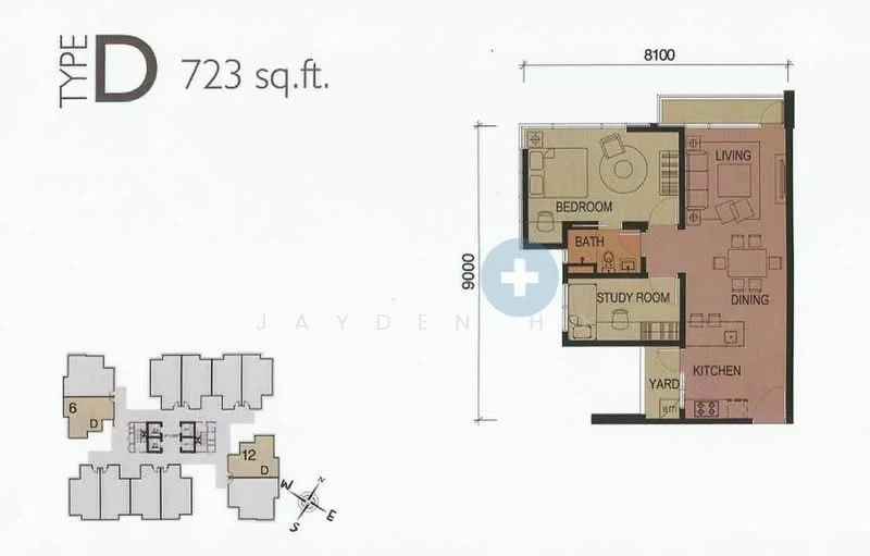 Floor plan: 1-bedroom 1-bathroom unit; features: open-plan kitchen-dining-living, study room, yard area, central foyer.