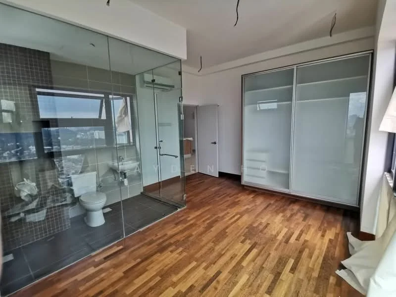 Room features: wood flooring, glass shower enclosure, toilet, sink, built-in wardrobe, floor-to-ceiling windows, city view, white walls, recessed lighting; style: modern; view: city.