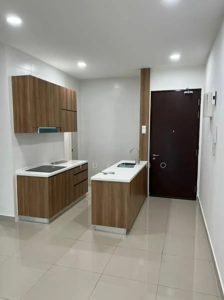 Kitchen features: laminate cabinetry in wood finish, white quartz countertop, built-in induction cooktop, single-bowl stainless-steel sink, chrome pull-down faucet, wall-mounted kitchen cabinets, recessed LED downlights, cream tiled backsplash, ceramic tile flooring, white painted walls, door with security lock; style: modern.