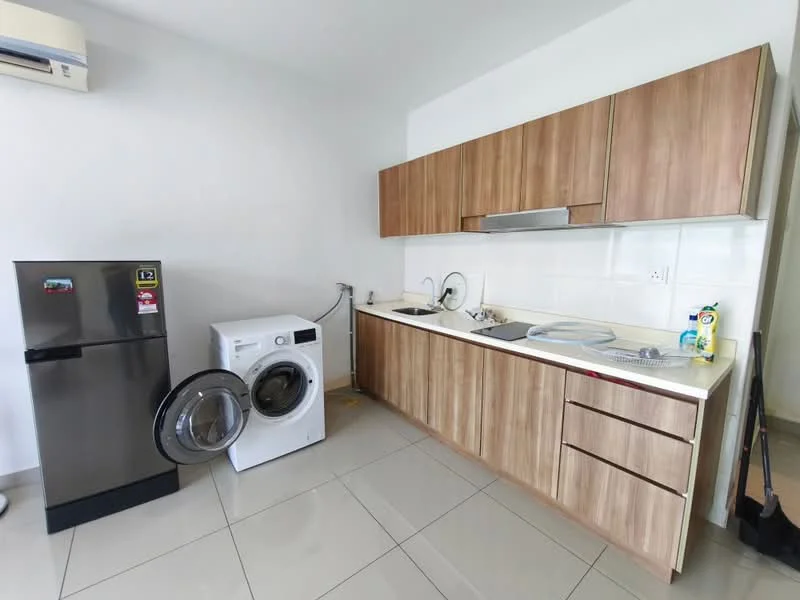 Kitchen features: brown wooden cabinetry, white countertop, stainless-steel sink, chrome pull-down faucet, built-in stove with exhaust hood, front-load washing machine, stainless-steel fridge, ceramic tile flooring, wall-mounted split AC; style: modern.