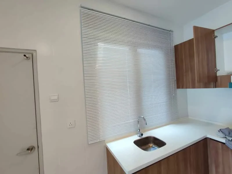 Kitchen features: single-bowl stainless-steel sink, chrome pull-down faucet, white countertop, wood cabinetry, blinds on window, wall-mounted light switch, white tiled walls, corner cabinet; style: modern.