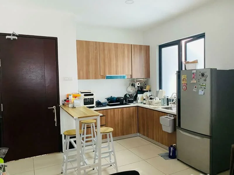 Kitchen features: wood cabinetry, white countertop, stainless-steel fridge, built-in oven, freestanding range oven, microwave, single-bowl stainless-steel sink, chrome pull-down faucet, bar counter with stools, tile flooring, window with natural light, kitchen appliances on countertop; style: modern.