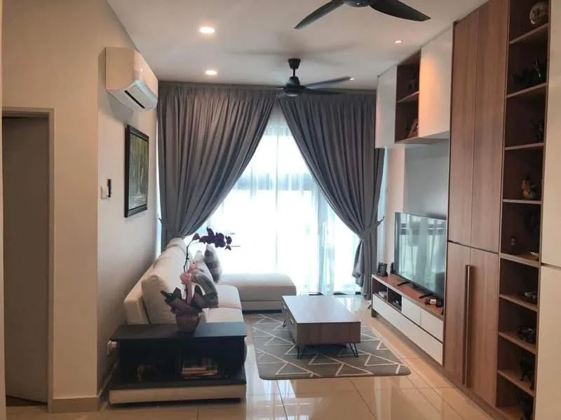 Living features: white fabric sofa, coffee table, TV console, wall-mounted TV, area rug with geometric pattern, 5-blade ceiling fan, floor-to-ceiling windows, sheer curtains, light-colored walls, glossy tile flooring, built-in shelving unit, decorative wall art; style: modern.