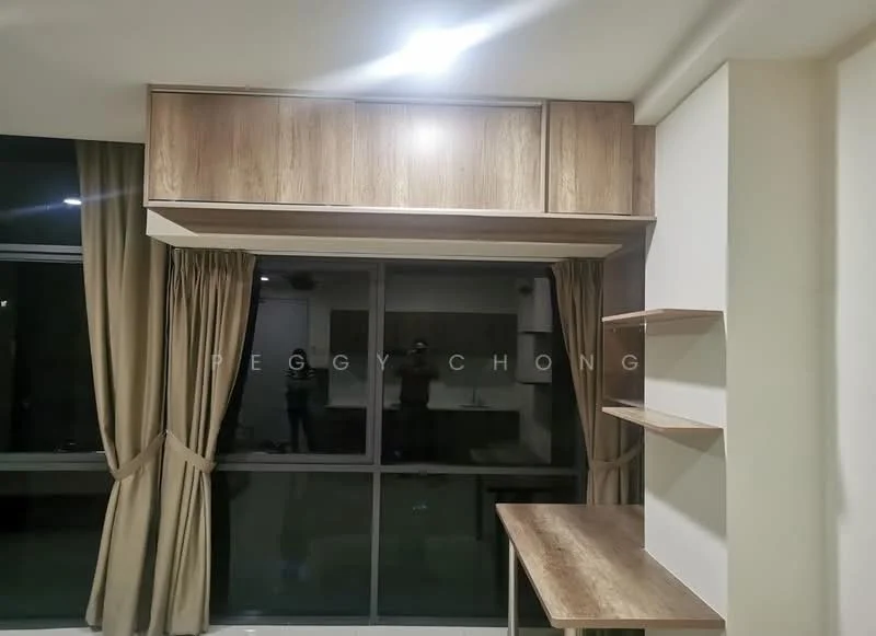 Room features: wooden cabinetry, built-in shelves, curtains, large windows, neutral wall colour, laminate flooring, desk, recessed lighting; style: modern; view: city.