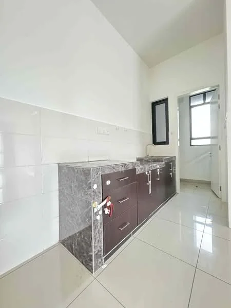 Kitchen features: dark wood cabinetry, marble countertop, single-bowl stainless-steel sink, chrome pull-down faucet, white tiled backsplash, ceramic tile flooring, recessed lighting, window for natural light, door leading to another room; style: modern.