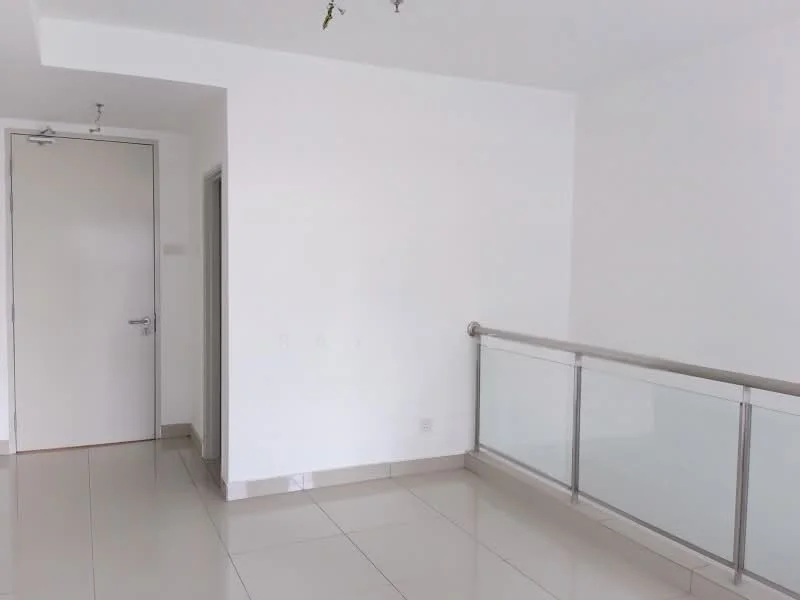 Room features: white painted walls, glossy ceramic tile flooring, glass railing, door with silver handle, neutral ceiling, recessed downlights; style: modern.