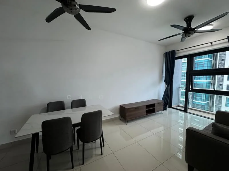 Dining features: white marble dining table, 4 grey upholstered dining chairs, large floor-to-ceiling windows, grey curtains, white painted walls, glossy tile flooring, ceiling fan with light, TV console, open layout, natural light; style: modern; view: city.