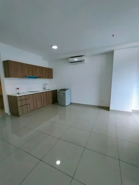 Kitchen features: brown wooden cabinetry, white countertop, single-bowl stainless-steel sink, chrome pull-down faucet, built-in wall-mounted refrigerator, wall-mounted split AC, glossy ceramic tile flooring, recessed downlights, neutral painted walls; style: modern.