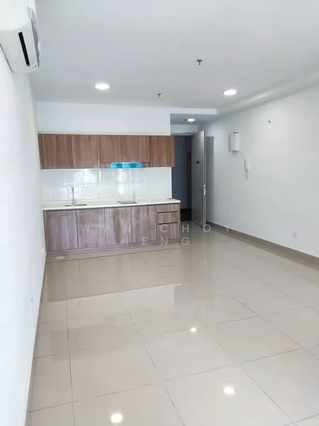 Living features: white painted walls, glossy ceramic tile flooring, recessed downlights, wall-mounted split AC, kitchenette with wood cabinetry, white countertop, stainless-steel sink, built-in kitchen appliances, open layout, doorway leading to other rooms; style: modern.