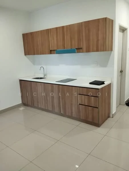 Kitchen features: laminate cabinetry in wood finish, white quartz countertop, single-bowl stainless-steel sink, chrome pull-down faucet, built-in cooktop, wall-mounted range hood, ceramic tile flooring, white painted walls, recessed downlights; style: modern.