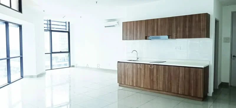 Kitchen features: white quartz countertop, wood cabinetry, stainless-steel sink, chrome pull-down faucet, built-in oven, ceramic tile flooring, floor-to-ceiling windows, wall-mounted split AC, recessed downlights; style: modern; view: city. Living features: ceramic tile flooring, floor-to-ceiling windows, wall-mounted split AC; style: modern; view: city.