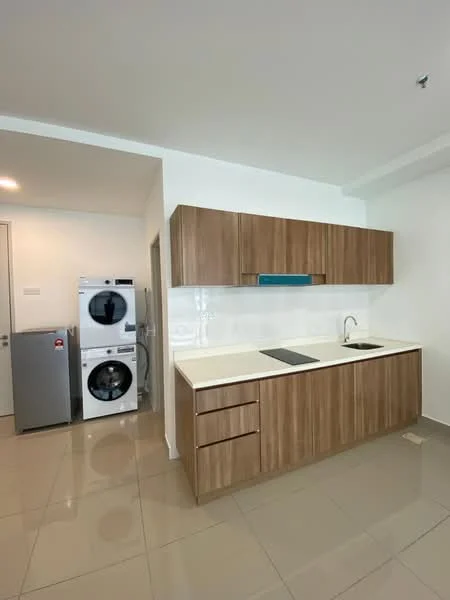 Kitchen features: brown wooden cabinetry, white countertop, single-bowl stainless-steel sink, chrome pull-down faucet, built-in stove with cooktop, fridge, stacked washer and dryer, ceramic tile flooring, recessed downlights, white painted walls; style: modern.