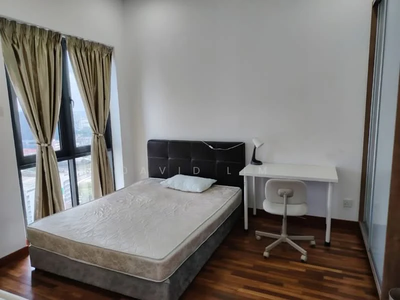 Bedroom features: queen-size bed, upholstered headboard, wooden flooring, floor-to-ceiling windows, sheer curtains, study desk, white chair, decorative lamp; style: modern; view: city.