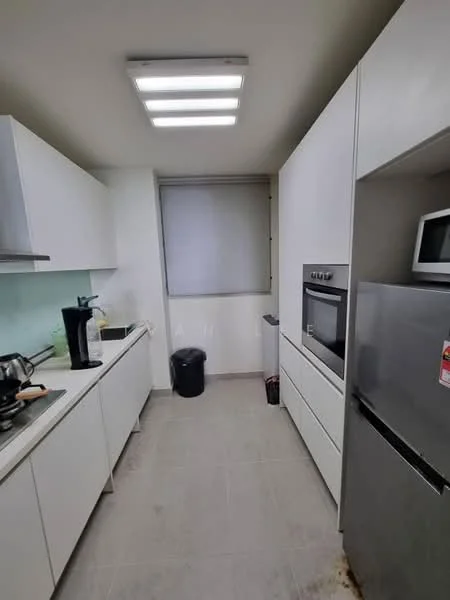 Kitchen features: white cabinetry, stainless-steel refrigerator, built-in oven, microwave, single-bowl stainless-steel sink, chrome pull-down faucet, ceramic tile flooring, recessed LED downlights, window with roller blind, countertop with backsplash, kitchen waste bin; style: modern.