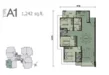 Floor plan: 3-bedroom 2-bathroom unit; features: open-plan kitchen-dining-living, master bedroom with ensuite bathroom, balcony off living room, utility room, laundry area, central foyer, 2 car porch, 1,242 sqft built-up.