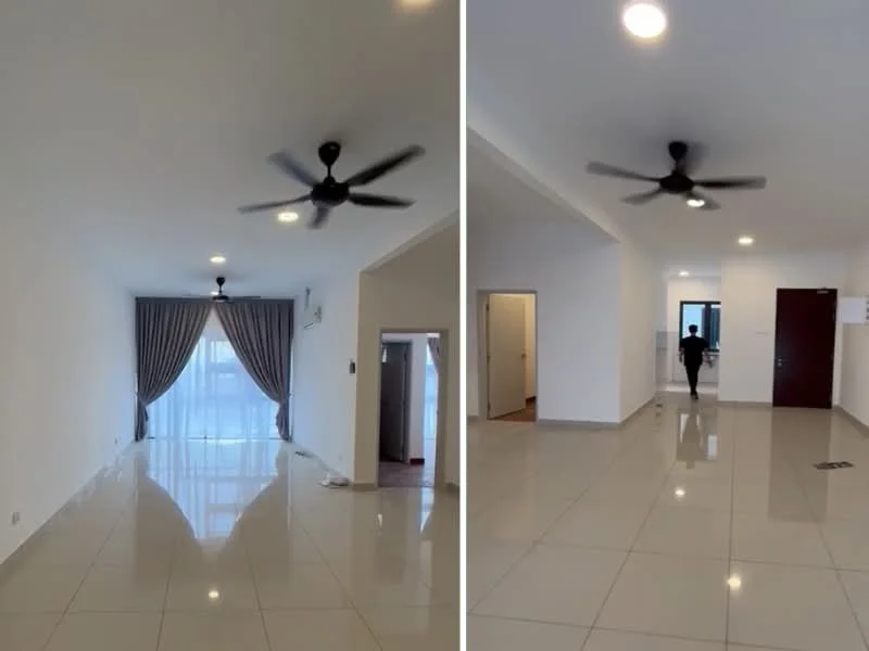 Living features: white painted walls, glossy ceramic tile flooring, 5-blade ceiling fan, floor-to-ceiling windows, sheer curtains, recessed downlights, neutral color scheme, open layout; style: modern; view: city.