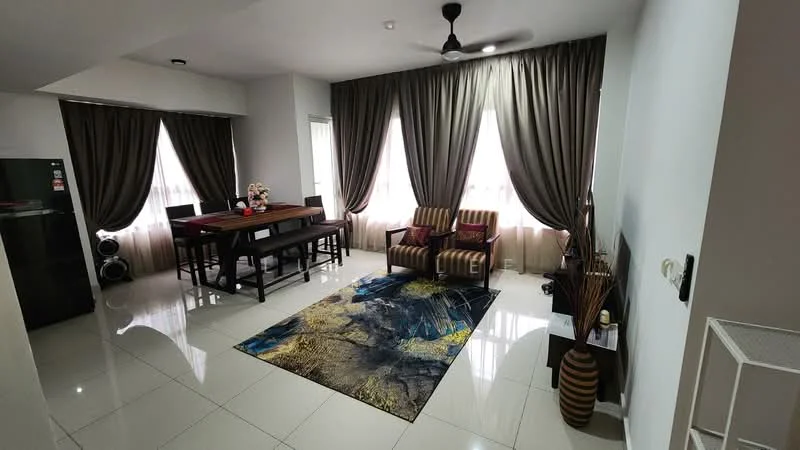 Living features: white painted walls, glossy tile flooring, 5-blade ceiling fan, large windows with sheer curtains, brown fabric sofa, striped armchairs, wooden dining table, decorative area rug with abstract pattern, decorative vase, wall-mounted decor, floor lamp; style: modern.