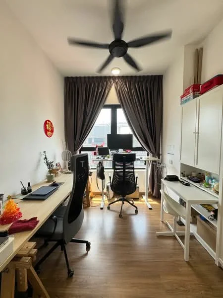 Study features: wooden flooring, white painted walls, 5-blade ceiling fan with light, floor-to-ceiling window, black office chair, white desk with drawers, black desk with monitor, curtains, decorative wall art, potted plant; style: modern; view: city.