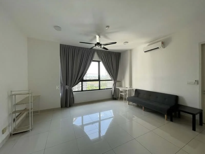 Living features: white painted walls, glossy tile flooring, 5-blade ceiling fan with light, floor-to-ceiling windows, grey curtains, black fabric sofa, small white side table, open shelving unit, wall-mounted split AC; style: modern; view: city.
