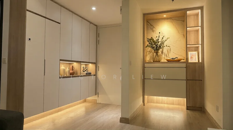 Room features: light wood cabinetry, white painted walls, marble accent wall, built-in shelving, decorative vases, framed artwork, recessed lighting, laminate flooring, ambient lighting under cabinetry; style: modern.