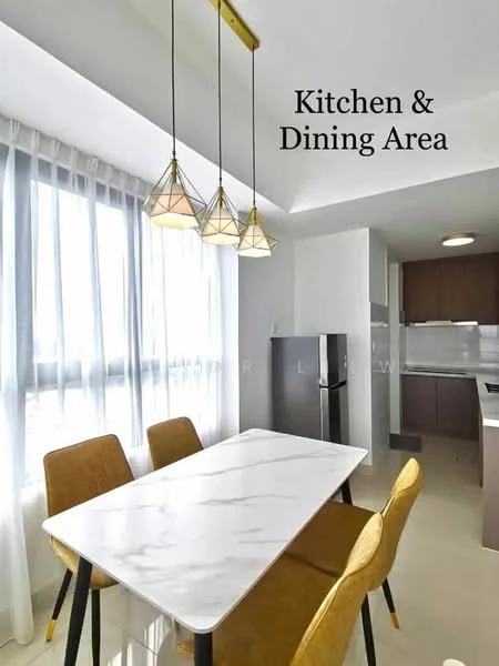 Kitchen features: marble dining table, 4 upholstered dining chairs in mustard yellow, pendant lighting with geometric design, white walls, light-colored flooring, stainless-steel fridge, floor-to-ceiling windows with sheer curtains, modern cabinetry in dark wood, recessed ceiling lights; style: modern; view: city.