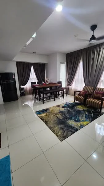 Living features: white painted walls, glossy tile flooring, 5-blade ceiling fan, large windows with sheer curtains, dining table with chairs, 2-seater fabric sofa with striped pattern, area rug with abstract design, refrigerator, decorative plants, wall-mounted artwork; style: modern.