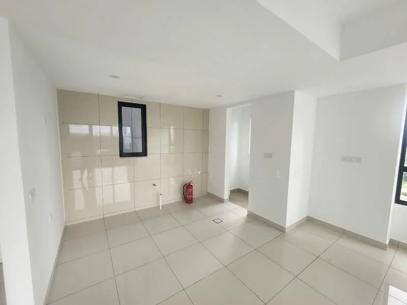 Room features: white painted walls, cream tiled accent wall, large window, grey floor tiles, fire extinguisher, recessed lighting, corner window, open layout; style: modern; view: city.