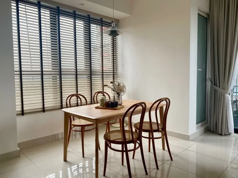 Dining features: square wooden dining table, 4 wooden dining chairs, white walls, grey tiled flooring, floor-to-ceiling windows, blinds on windows, hanging pendant light, decorative globe on table, vase with flowers on table, sliding glass door, curtains; style: modern; view: garden.