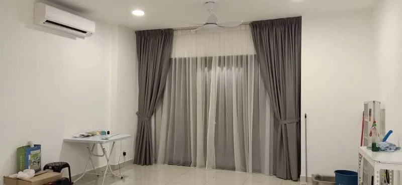 Room features: white painted walls, glossy tile flooring, 5-blade ceiling fan, floor-to-ceiling windows, sheer curtains, dark grey curtains, air conditioning unit, folding table, cleaning supplies on counter, bucket; style: modern.