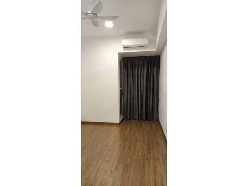 Room features: wooden flooring, white painted walls, ceiling fan, wall-mounted split AC, floor-to-ceiling window, grey curtains; style: modern.