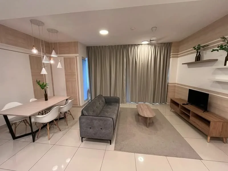 Living features: grey fabric 3-seater sofa, wooden coffee table, area rug with neutral color, wall-mounted TV, wooden TV console, white wall shelves, floor-to-ceiling curtains, ceiling fan with light, dining table with white top and wooden legs, 4 upholstered dining chairs, decorative plants in vases, light-colored tiled flooring, wood panel accent wall; style: modern.