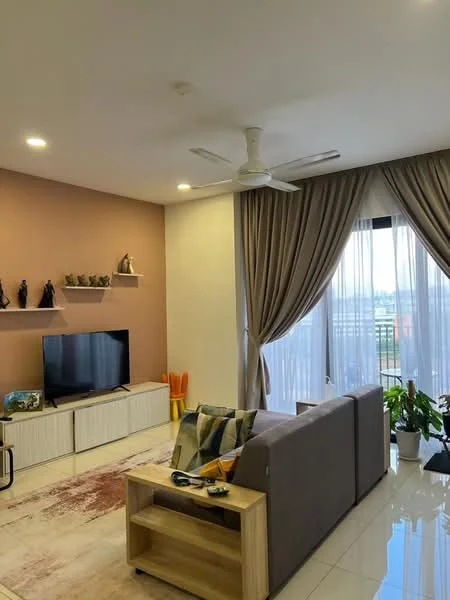 Living features: 3-seater fabric sofa in grey, wooden coffee table, wall-mounted TV, TV console with storage, area rug with geometric pattern, floor-to-ceiling windows, sheer curtains, ceiling fan with light, decorative plants, accent wall in pink, white painted walls, recessed downlights; style: modern; view: city.