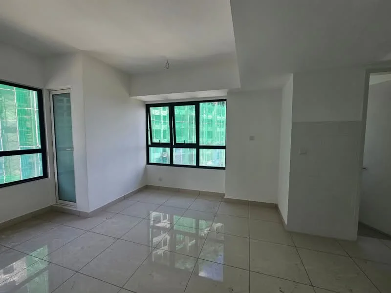Room features: white painted walls, marble tile flooring, large windows, sliding glass door, natural light, corner room, unfinished ceiling, neutral color scheme; style: modern; view: construction site.