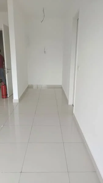 Room features: white painted walls, glossy ceramic tile flooring, recessed lighting, doorway leading to another room, fire extinguisher on the floor, neutral color scheme, no visible furniture or decor; style: modern.