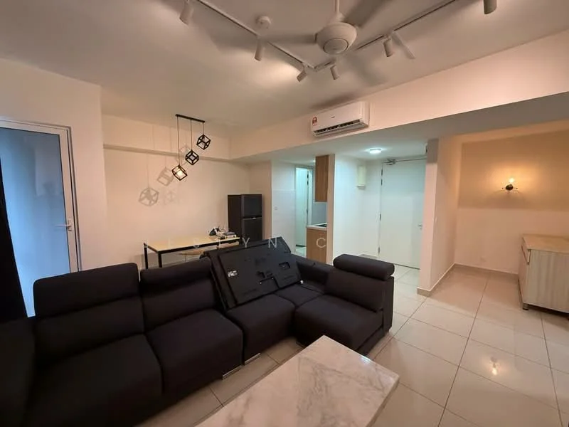 Living features: L-shape sectional sofa in black, marble coffee table, wall-mounted TV, ceiling fan with integrated light, recessed downlights, tile flooring, white painted walls, open layout to dining area, air conditioning unit, decorative wall sconce; style: modern. Dining features: dining table, four dining chairs, open layout to living area; style: modern. Kitchen features: black refrigerator, wood cabinetry, countertop, open layout to dining area; style: modern.