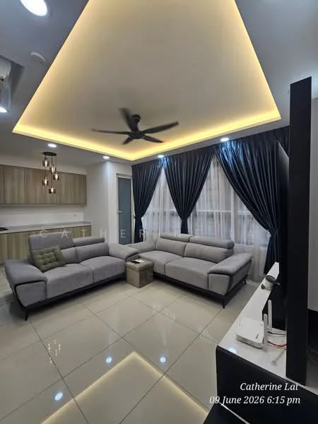 Living features: grey fabric L-shape sectional sofa, coffee table, recessed LED downlights, 5-blade ceiling fan with light, floor-to-ceiling windows with sheer curtains, cream painted walls, glossy tile flooring, decorative wall panel, dark curtains, pendant lighting, open shelving unit; style: modern.