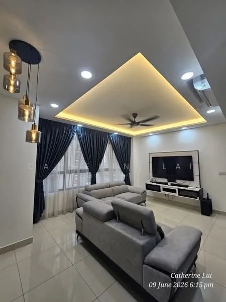 Living features: grey fabric 3-seater sofa, 2-seater grey fabric sofa, white TV console, wall-mounted flat-screen TV, ceiling fan with light, recessed ceiling lights, tray ceiling with LED strip lighting, floor-to-ceiling windows with sheer curtains, dark blue curtains, glossy tile flooring; style: modern; view: city.