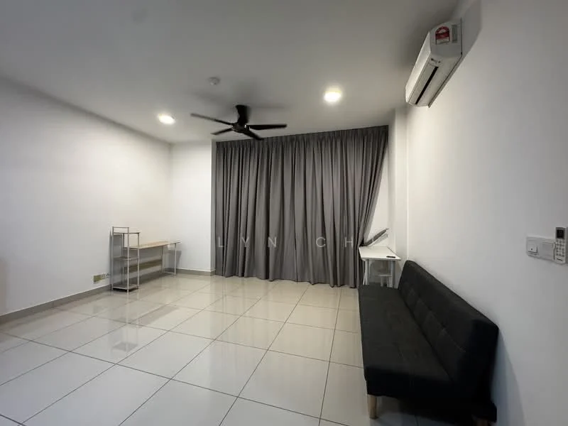 Living features: white painted walls, grey curtains, ceramic tile flooring, 5-blade ceiling fan with light, wall-mounted air conditioning unit, black fabric sofa, wooden desk, TV console, LED lighting, neutral color palette; style: modern.