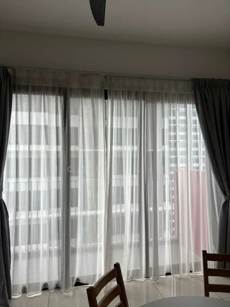 Room features: floor-to-ceiling windows, sheer curtains, grey drapes, white walls, light-colored flooring, ceiling fan; style: modern; view: city.