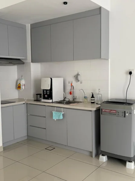 Kitchen features: grey cabinetry, white countertop, stainless-steel sink, chrome pull-down faucet, built-in water dispenser, freestanding washing machine, ceramic tile flooring, recessed downlights, wall-mounted storage, kitchen utensils, dish soap, cleaning supplies; style: modern.