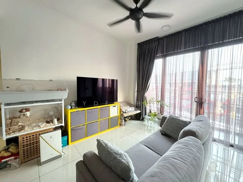 Living features: grey fabric sofa, yellow TV console, wall-mounted flat-screen TV, floor-to-ceiling windows, sheer curtains, recessed ceiling lights, ceiling fan, white tiled flooring, decorative plants, display cabinet with glass doors; style: modern.