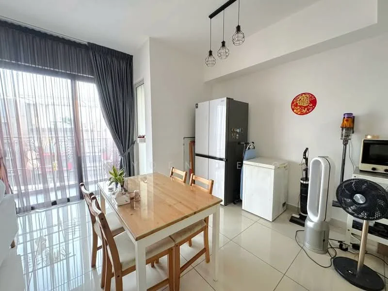 Dining features: dining table with wooden finish, 4 wooden dining chairs, white walls, grey curtains, floor-to-ceiling windows, ceramic tile flooring, refrigerator, white washing machine, air purifier, microwave, standing fan, pendant lighting; style: modern.