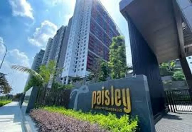 Exterior type: high-rise condominium; features: glass curtain wall, red accent panels, manicured landscaping, paved walkway, signage with 'paisley', surrounding greenery, multiple storeys, modern architectural design; style: modern.