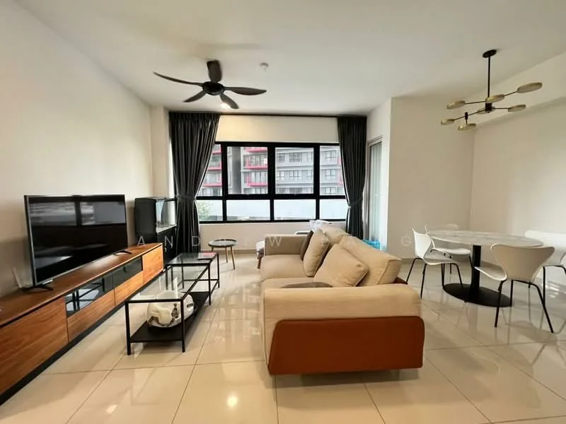 Living features: 3-seater fabric sofa in beige, coffee table with black metal frame, TV console with wooden finish, wall-mounted TV, floor-to-ceiling windows, blackout curtains, 5-blade ceiling fan with light, recessed downlights, area rug, decorative wall art; style: modern; view: city. Dining features: round dining table, 4 white dining chairs, pendant lighting above table; style: modern.