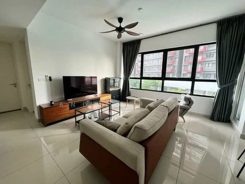 Living features: 3-seater fabric sofa in beige, 2-seater fabric sofa in grey, coffee table, TV console, wall-mounted TV, floor-to-ceiling windows, curtains in grey, ceiling fan with light, polished tile flooring, decorative wall art, side table, plant in ceramic pot; style: modern; view: garden.