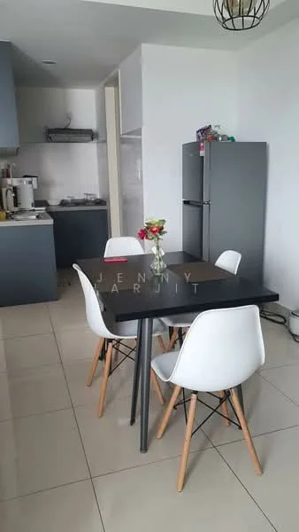 Dining features: black dining table, 4 white dining chairs with wooden legs, vase with flowers on the table, grey refrigerator, kitchen cabinetry in grey, white tiled flooring, kitchen counter with sink, stainless-steel appliances, open kitchen layout, wall-mounted kitchen hood; style: modern. Kitchen features: grey cabinetry, white tiled backsplash, stainless-steel sink, built-in stove, kitchen hood; style: modern.
