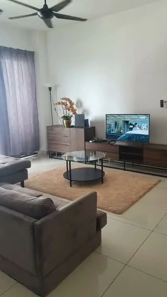 Living features: 3-seater fabric sofa in grey, 2-seater fabric sofa in grey, round coffee table with black base, TV console in dark wood, wall-mounted TV, area rug in beige, floor-to-ceiling windows with sheer curtains, ceiling fan, decorative plant in ceramic pot, light-colored walls, glossy tile flooring; style: modern.