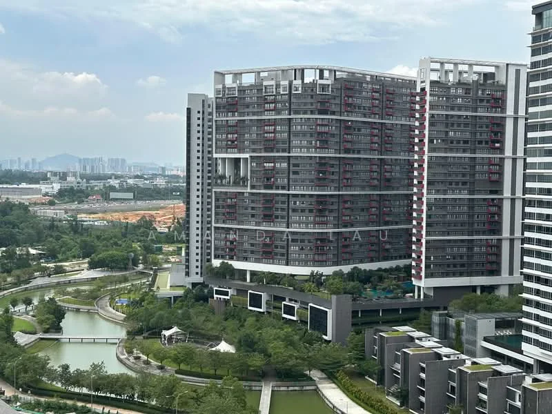Exterior type: high-rise condominium; features: glass curtain wall, projecting balconies, landscaped gardens, water features, surrounded by greenery, multiple building blocks, swimming pool visible, urban skyline in background; style: modern.