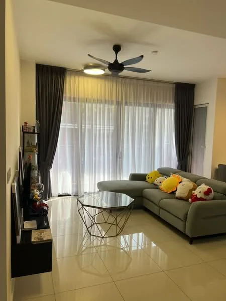 Living features: 3-seater fabric sofa in light grey, coffee table with geometric design, floor-to-ceiling windows, sheer curtains, 5-blade ceiling fan with light, wall-mounted TV, decorative plush toys, tile flooring, neutral painted walls; style: modern.