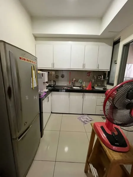 Kitchen features: stainless-steel fridge, white cabinetry, black countertop, ceramic tile flooring, sink, kitchen utensils, kettle, fan, window, wall-mounted shelves; style: modern.